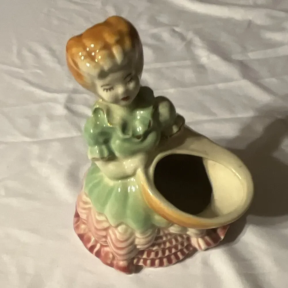 Vintage Ceramic Woman Figurine Bud Vase, Green Dress Pink Base, Small Gloss 6 in